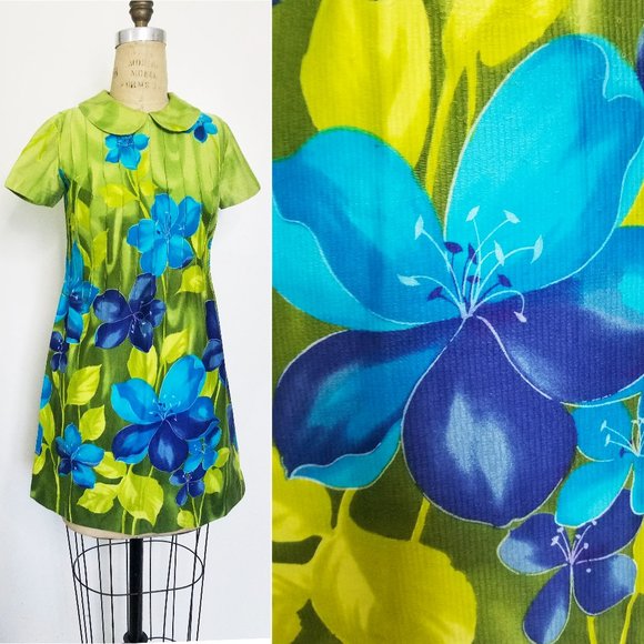 Vintage 60s/70s Womens Mini Dress Flowers Floral Peter Pan Collar Hawaiian